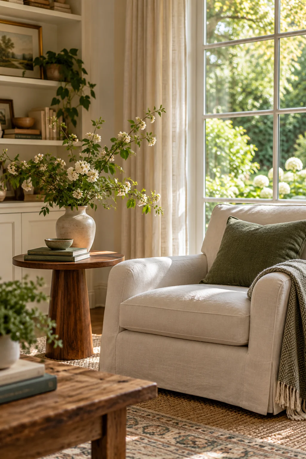 A welcoming sitting room with a linen armchair, treasured books and soft garden light